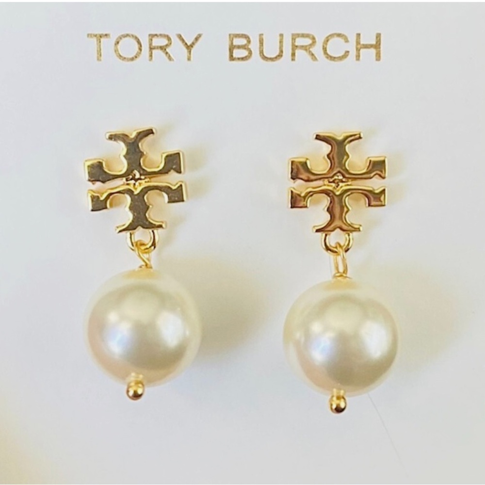 NEW Tory Burch Gold T-Logo Swarovski Pearl Drop Earrings NWT $135